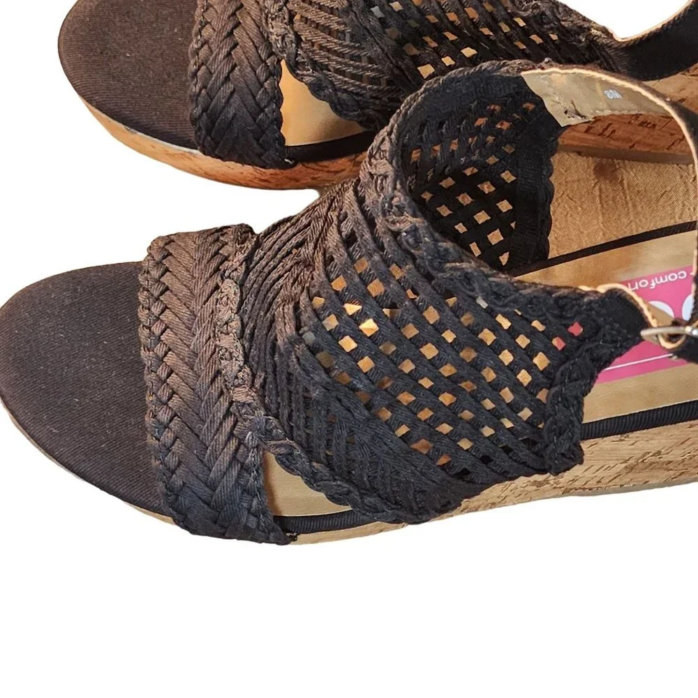 Womens Black Wedge Sandals Cork Heel Woven Braided Open‎ Toe